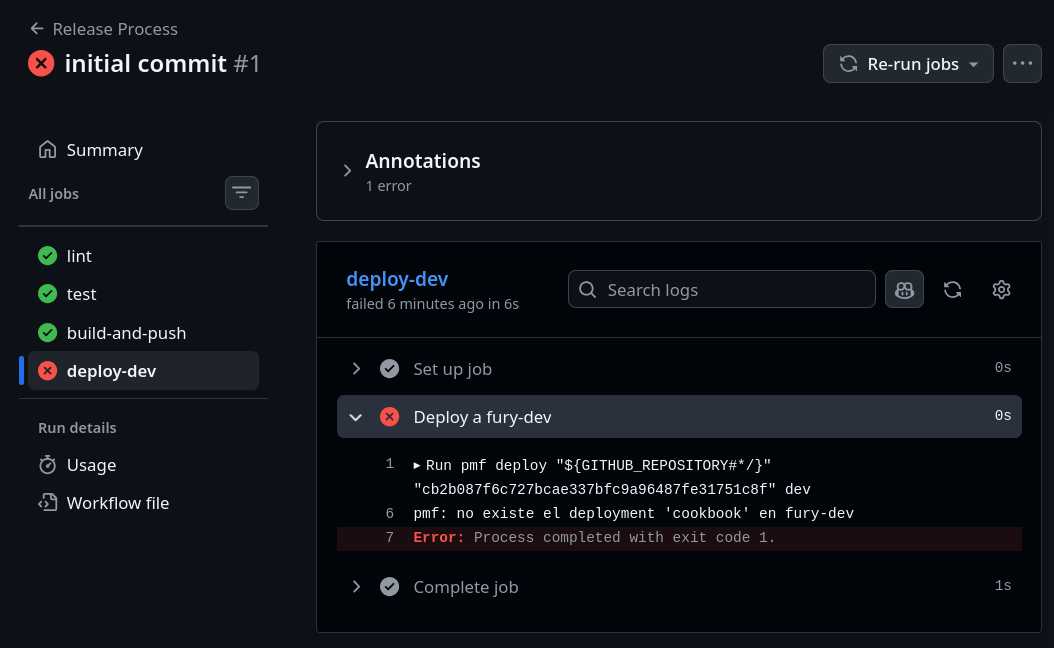 primer deploy de cookbook fallando con el mensaje propio de pmf, el resto de los jobs en verde